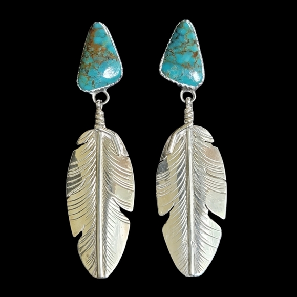 Signed NAVAJO BEN BEGAYE Turquoise Sterling Feather Earrings - Picture 2 of 11